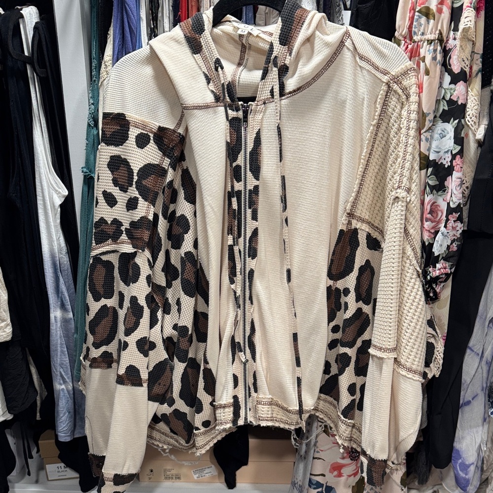POL Cream and Brown Leopard Patchwork Zip Hoodie